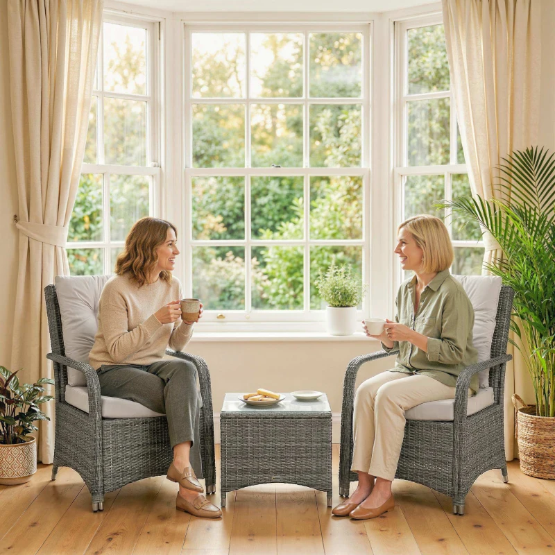 Outsunny 3 Pieces Rattan Bistro Set, Wicker Garden Furniture Set with Metal Frame, Cover, Glass Top Coffee Table, Light Grey