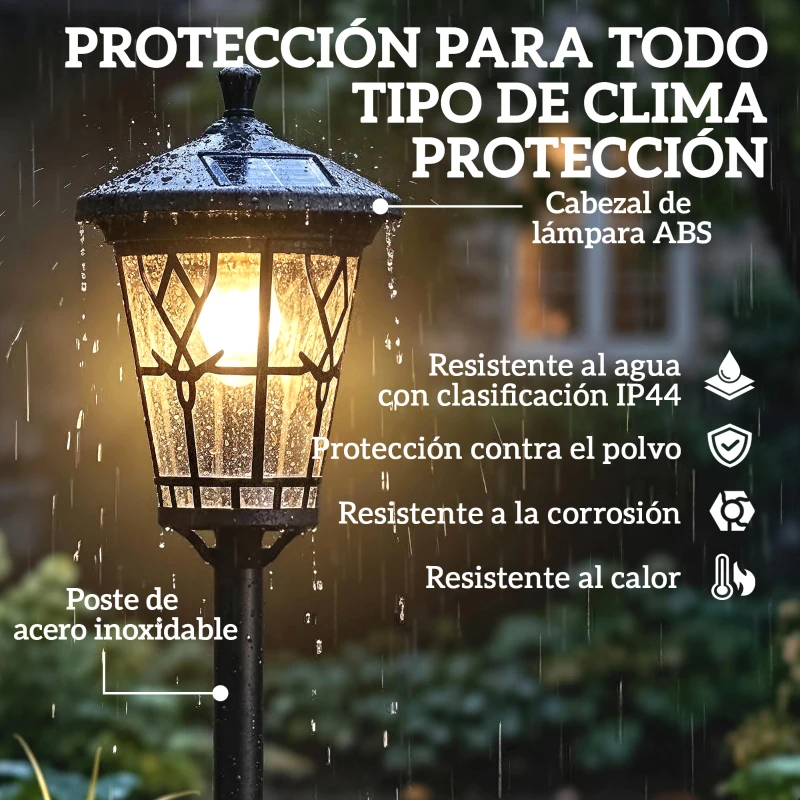 Outsunny Set de 2 Farolas Solares de Jardín con Altura Ajustable 2 Modos de Brillo IP44 Impermeable para Terraza Patio Negro