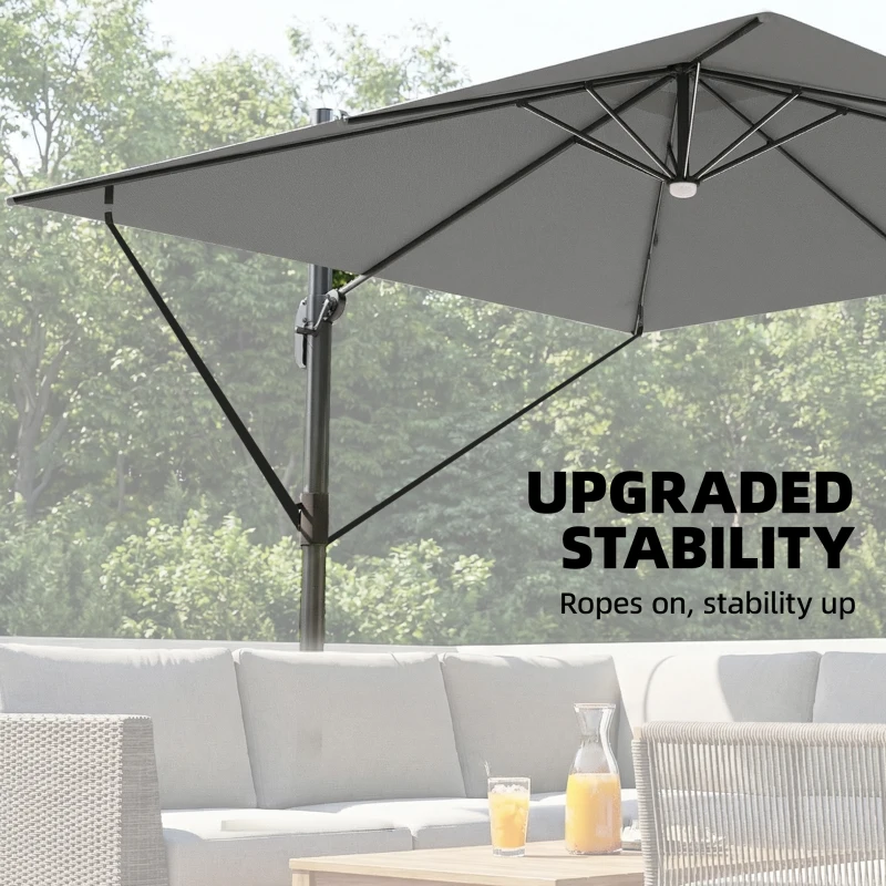 Outsunny 3 x 3 m Garden Cantilever Parasol with Light, Cover, Overhanging Umbrella w/ Wind Protection, 360° Rotation, Light Grey