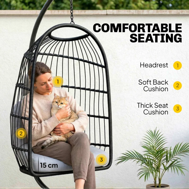 Outsunny Hangstoel met Standaard Opvouwbare Polyrattan Mand met Kussen Veiligheidsgordel Hoofdkussen Banden, Verstelbare Hoogte