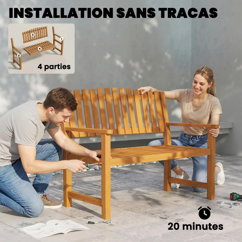 Outsunny Banc de Jardin Banquette de Terrasse 2 Places Charge Max. 320kg Accoudoirs 112 x 64 x 92 cm Bois d'Acacia Naturel