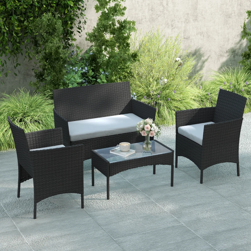 Outsunny 4 Piece Rattan Garden Furniture Sofa Set with Loveseat, Armchairs, Glass-Top Coffee Table and Cushions, Black