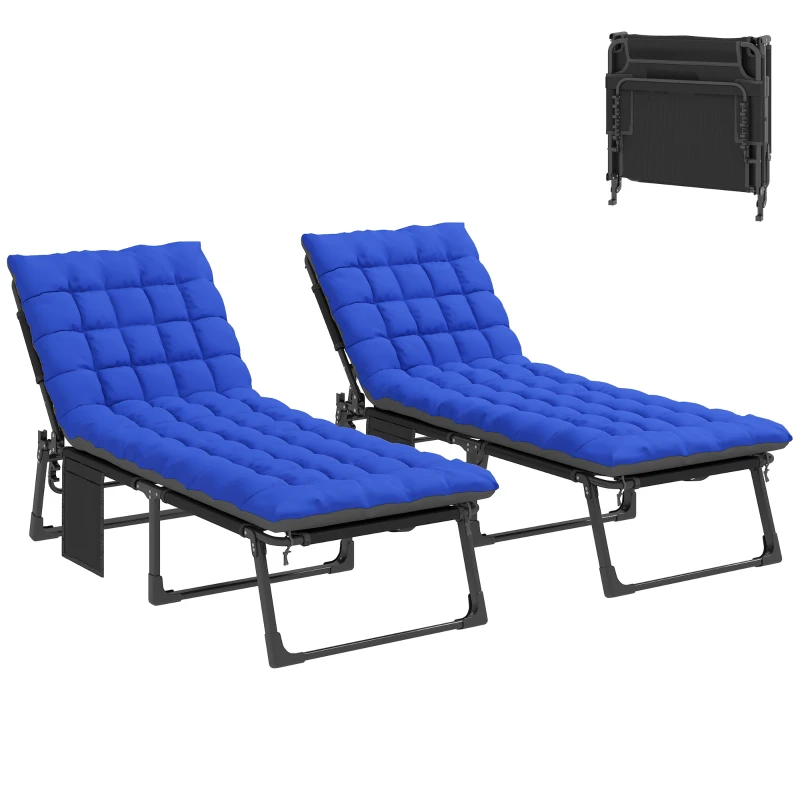 Outsunny Set de 2 Tumbonas Plegables con Reposacabezas Cojines Bolsillo Lateral y Respaldo Reclinable 5 Posiciones Azul