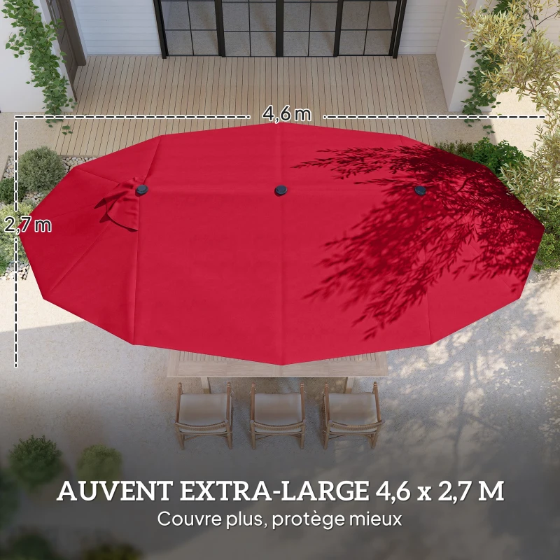 Outsunny Parasol de jardin exterieur parasol double rectangulaire 4,6L x 2,7l x 2,4H m avec ouverture fermeture manivelle, sacs de lestage et base inclus, pour balcon, piscine, bordeaux