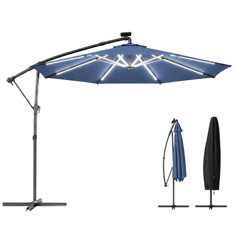 Outsunny 3 m Garden Cantilever Parasol with LED Solar Light, Round Overhanging Umbrella with 360° Rotation, Cover, Navy Blue