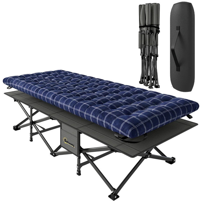 Outsunny Camping Cot with Soft Pad, 80cm Extra Wide Folding Cots with Side Pocket and Carry Bag, Blue