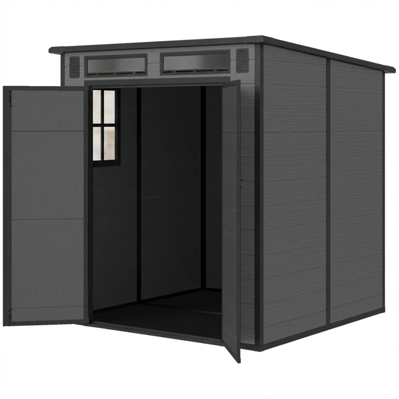 Outsunny 6 x 6 ft Plastic Garden Shed, Wood-Effect Outdoor Storage Shed with Floor, Windows, Lockable Doors and Vents, Dark Grey