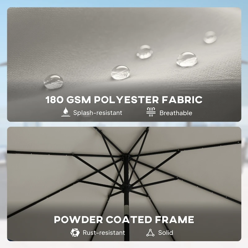 Outsunny 2.6 m Garden Parasol Umbrella with LED Solar Light, Parasol Cover, Outdoor Market Patio Umbrella, Light Grey