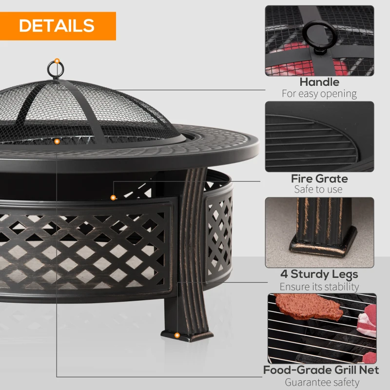 Outsunny Outdoor Fire Pit, Firepit with Grill Net, Mesh Lid, Poker, for Camping, Bonfire, Picnic, Bronze Tone