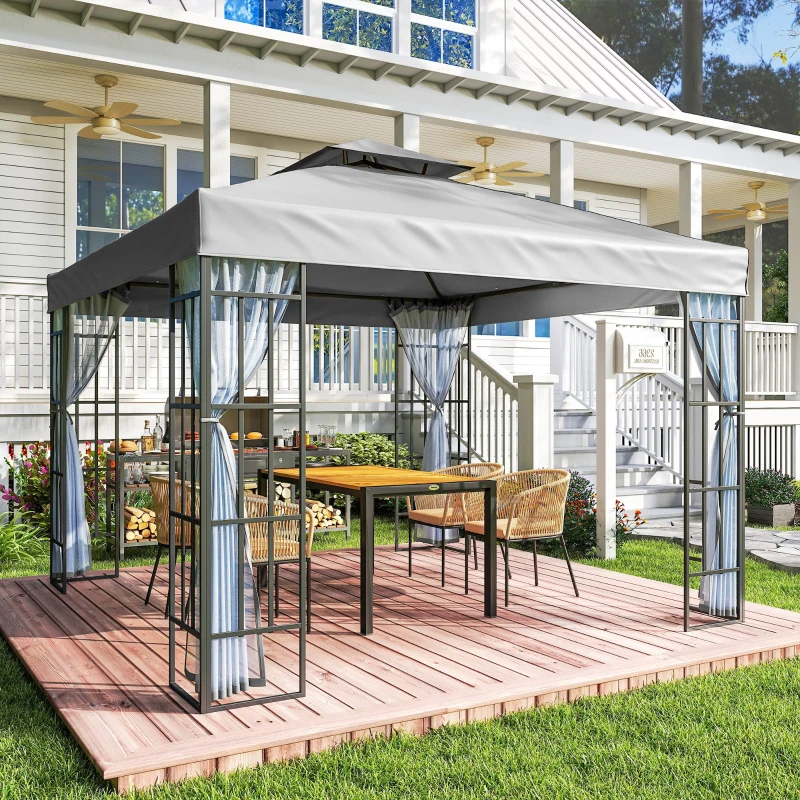 Outsunny 3 x 3(m) Patio Gazebo Canopy Garden Pavilion Tent Shelter with 2 Tier Roof and Mosquito Netting, Light Grey