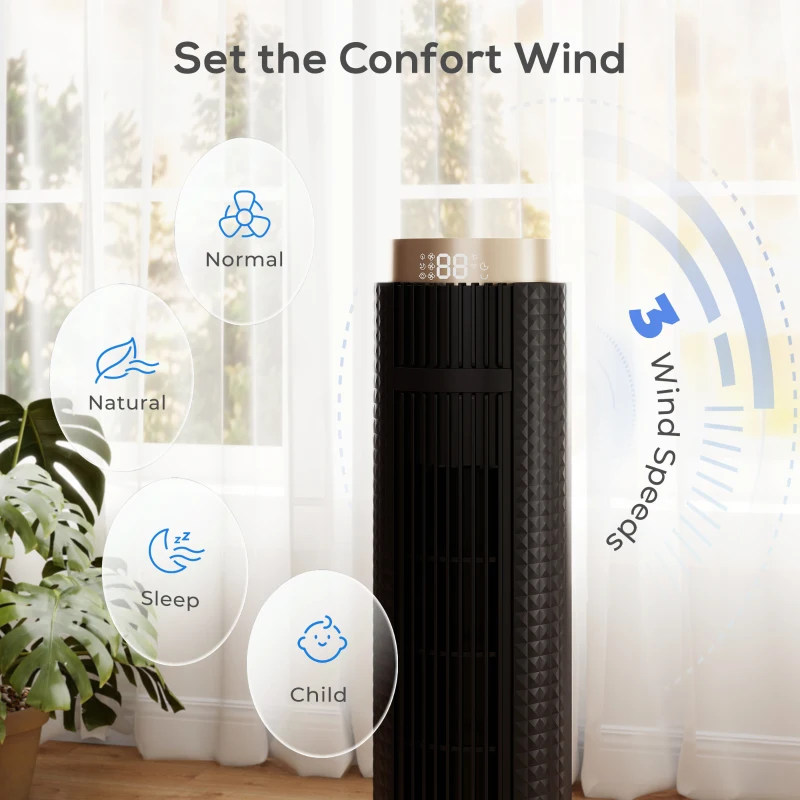HOMCOM Tower Fan with WiFi App Control, Standing Floor Fan with 3 Speed 4 Modes, 12 Hour Timer and Night Light Black