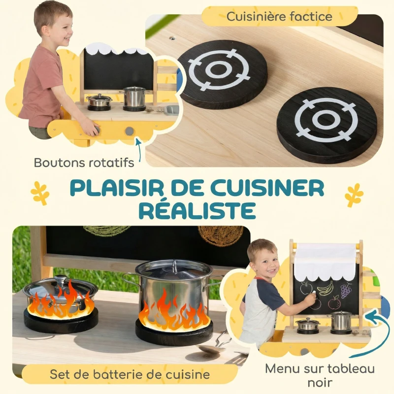 AIYAPLAY Cuisine enfant en bois avec roulettes, cuisine enfant exterieur avec eau courante, évier, plaque de cuisson, jaune