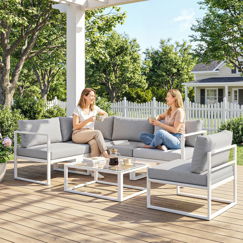 Outsunny 5 Seater Aluminium Garden Furniture Set, Garden Sofa Set with Thick Cushions for Patio and Balcony, Outdoor, Light Grey