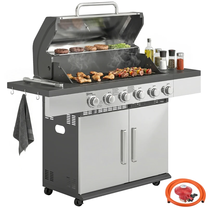 Outsunny 6 Burner Liquid Propane Gas BBQ Grill, Outdoor Portable Gas Barbecue Grill with Warming Rack, Side Tables, Cabinet