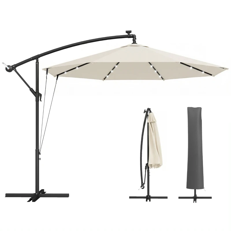 Outsunny 3 m Cantilever Parasol with Solar LED Lights Garden Umbrella with Cross Base, Cream White
