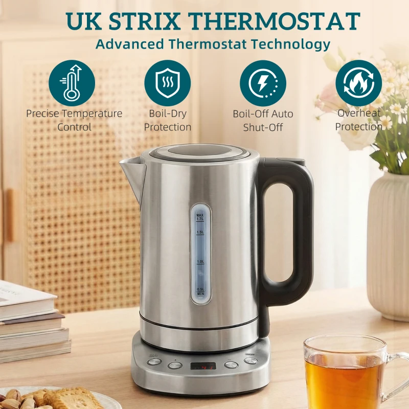 HOMCOM Electric Kettle, 1.7L, Fast Boil, 3kW Water Kettle with UK Strix Thermostat, Keep Warm Function, LCD Base, Silver Tone