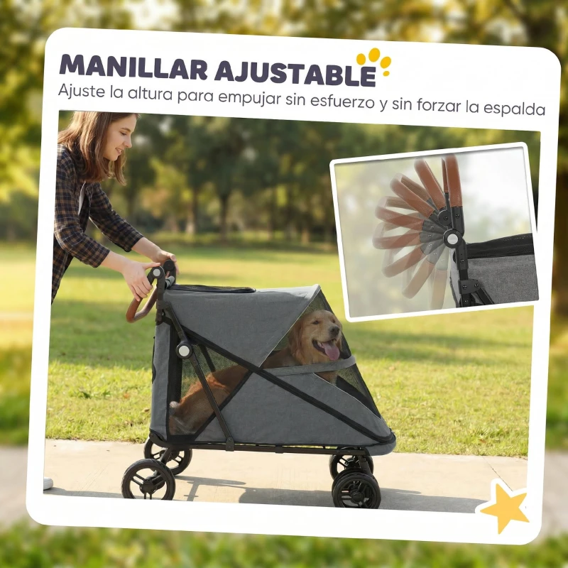 PawHut Carrito para Perros Plegable con un Botón hasta 30 kg con Suspensión en 4 Ruedas Giratorio y Freno de Pie Gris