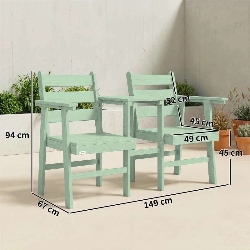 Outsunny Outdoor Garden Loveseat, Embossed Wooden Jack and Jill Garden Seat with Integrated Table, Green