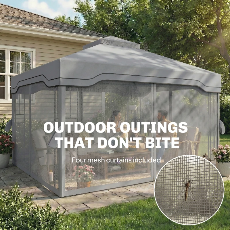 Outsunny 3 x 3.6 m Outdoor Garden Gazebo with Post Shelves, UPF50+ Patio Permanent Pavilion with Hook, Dark Grey