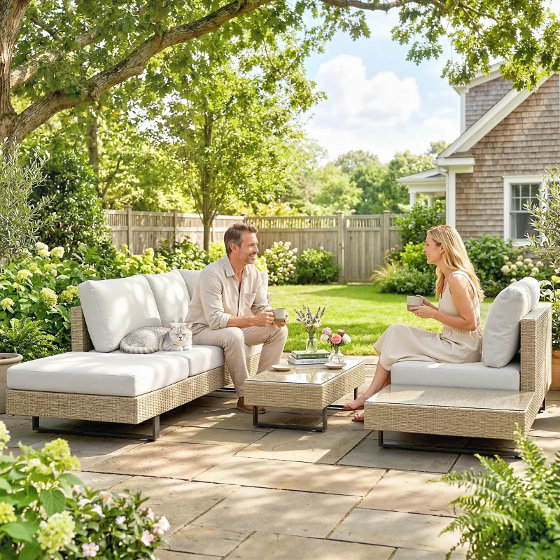 Outsunny Conjunto de Jardim em Vime de 3 peças com Sofá Modular de 3 e 2 Lugares Mesa Lateral e Mesa de Centro Bege