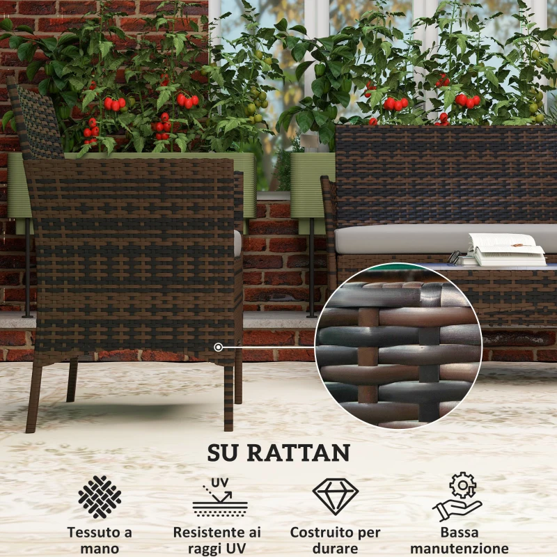 Outsunny Set da Giardino 4pz con Divano 2 Posti, 2 Sedie e Tavolino Basso, in Rattan e Acciaio, Grigio e Marrone