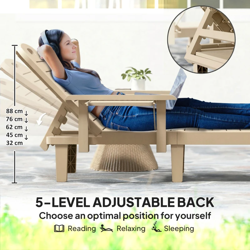 Outsunny Set of 2 Reclining Sun Loungers, 5 Positions Adjustable Outdoor Chaise Lounge Chair with Armrests, Khaki