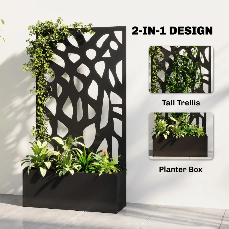 Outsunny Metal Raised Garden Bed with Trellis, Outdoor Planter Box with Privacy Screen, Elevated Garden Box for Climbing Plants