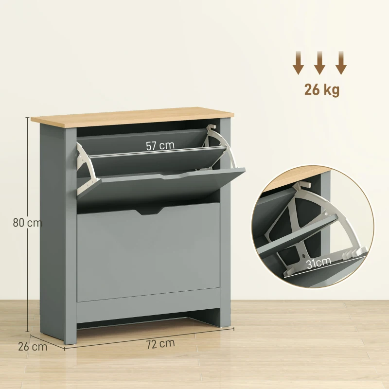 HOMCOM Meuble à chaussures 12 paires, armoire à chaussures étroite avec 2 tiroirs rabattables et étagères réglables, gris clair