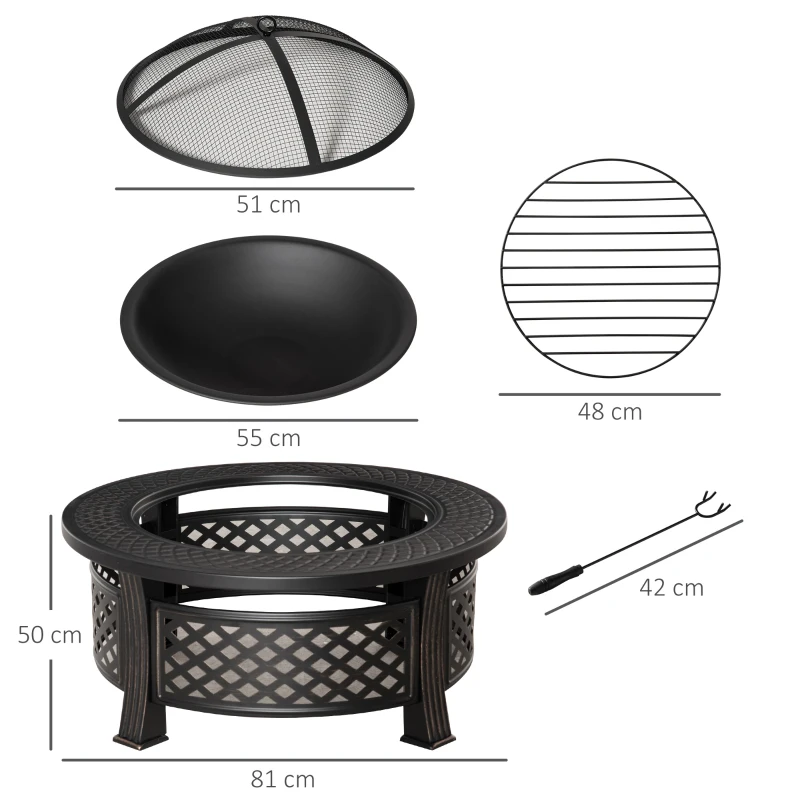 Outsunny Outdoor Fire Pit, Firepit with Grill Net, Mesh Lid, Poker, for Camping, Bonfire, Picnic, Bronze Tone