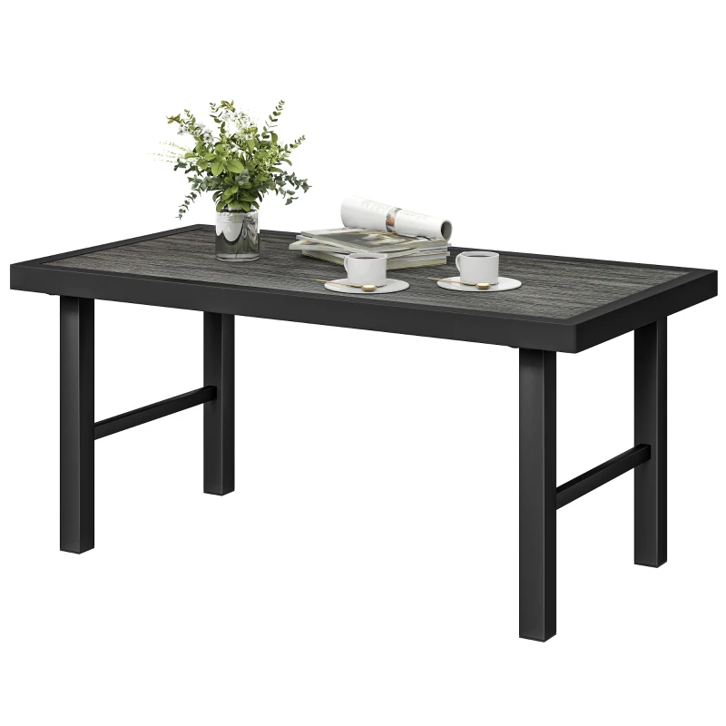 Outsunny Metal Garden Coffee Table, Outdoor Side Table with SPC Woodgrain Tabletop for Outside, 100 x 52 x 46cm, Dark Grey