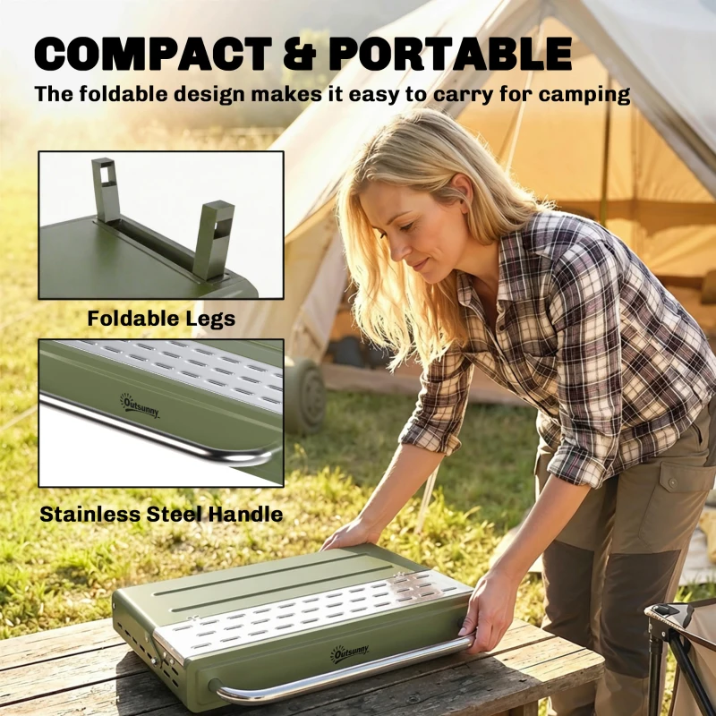 Outsunny Portable BBQ Grill, Charcoal Barbecue Grill with Adjustable Grates, Foldable Legs, Side Shelf for Camping Travel, Green