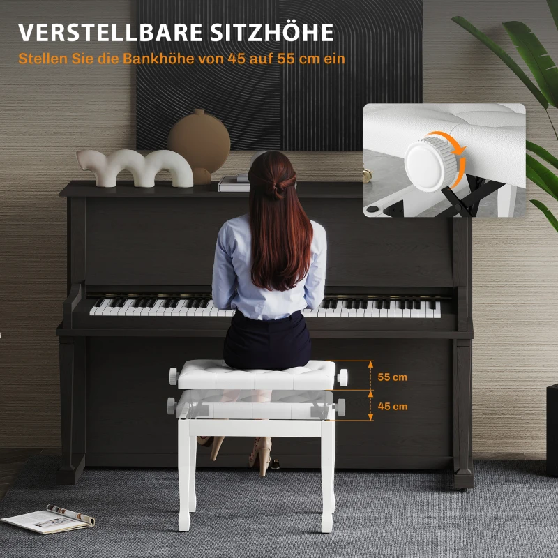 HOMCOM Pianokruk Verstelbaar in Hoogte, Pianobank met Kunstleren Kussen voor Piano Keyboard 64 x 35 x 45-55 cm Wit