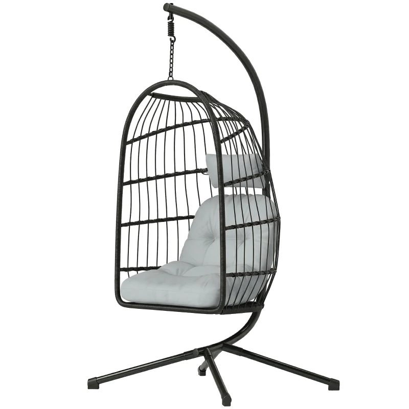 Outsunny Hangstoel met Standaard Opvouwbare Polyrattan Mand met Kussen Veiligheidsgordel Hoofdkussen Banden, Verstelbare Hoogte