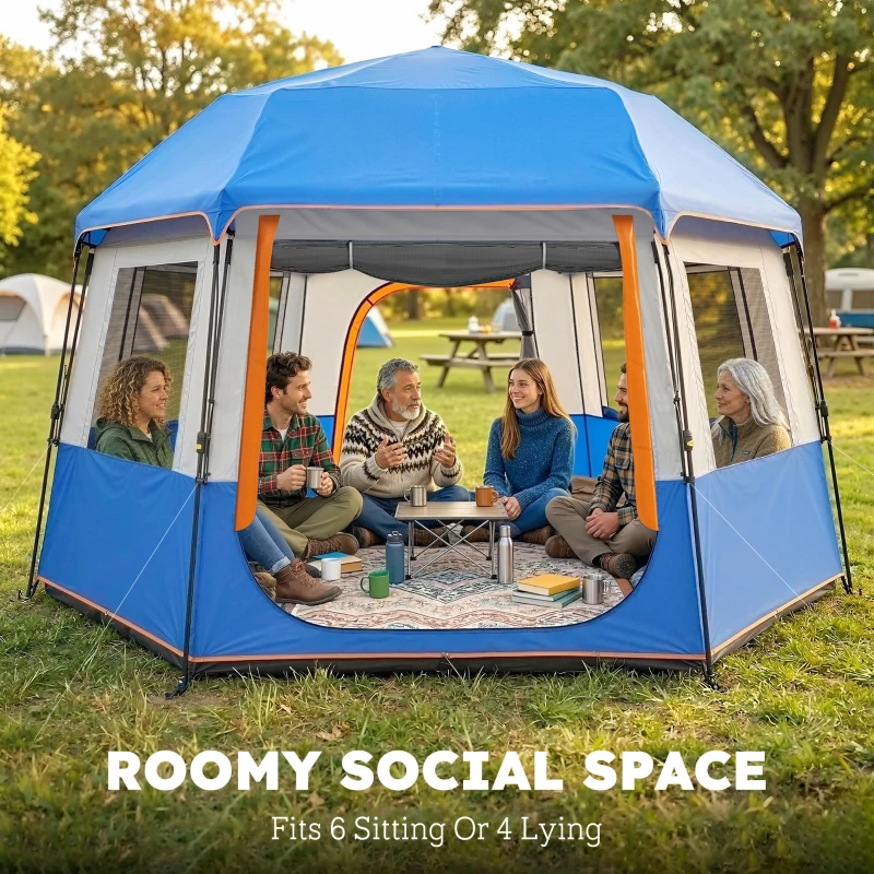 Outsunny Cabin Tent Easy Setup 3000mm Waterproof Camping Tent 4 Person with Carrying Bag Blue