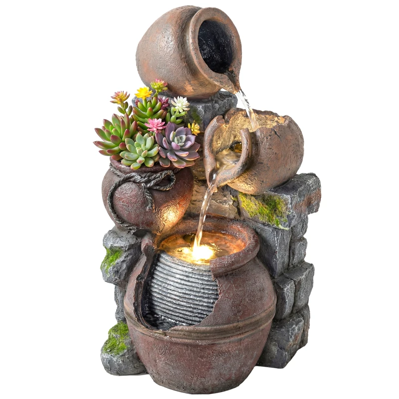 Outsunny Outdoor Fountain with 4-Tier Rustic Pots & Planter, Garden Fountain with LED Lights, Rustic Brown