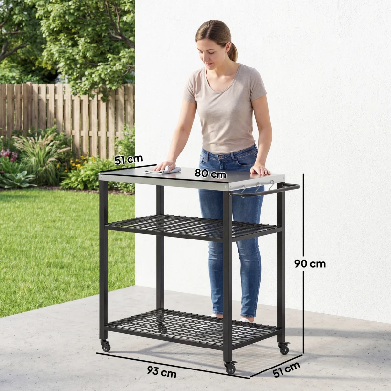 Outsunny Outdoor Grill Cart with Stainless Steel Tabletop, 3-Tier Pizza Oven Stand with 2 Shelves, 6 Hooks, Wheels, Black