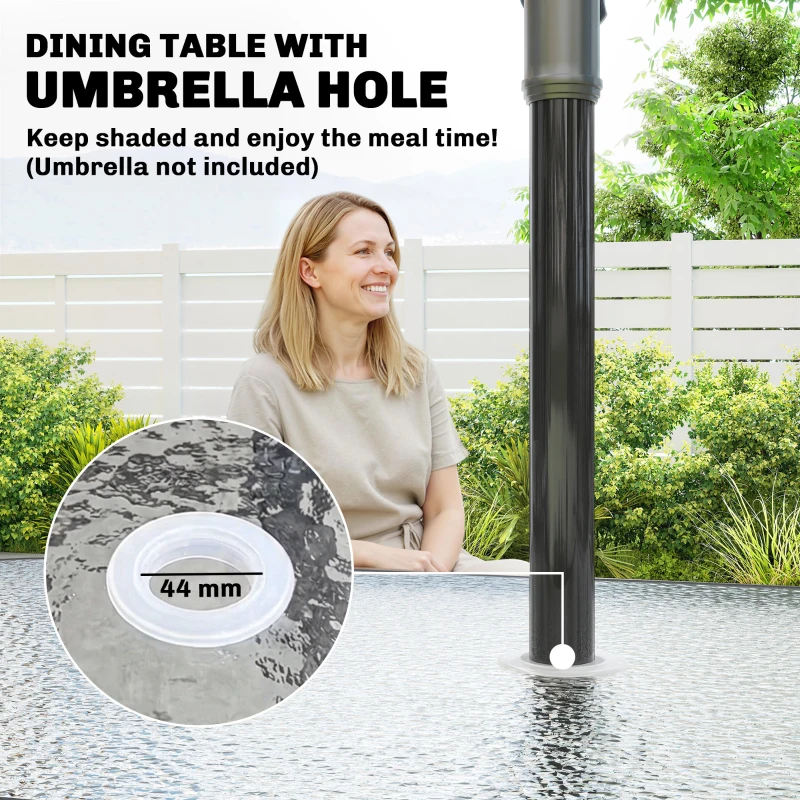 Outsunny Garden Dining Set for 4 with Umbrella Hole, Stackable Chairs and Rectangular Glass-Top Outdoor Table, Light Grey