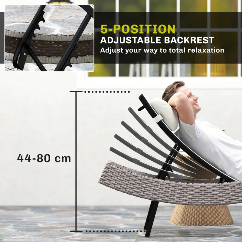 Outsunny Rattan Sun Lounger, Garden Recliner with 5 Position Adjustable Back, S Shaped Texteline Seat, Headrest, Cream White