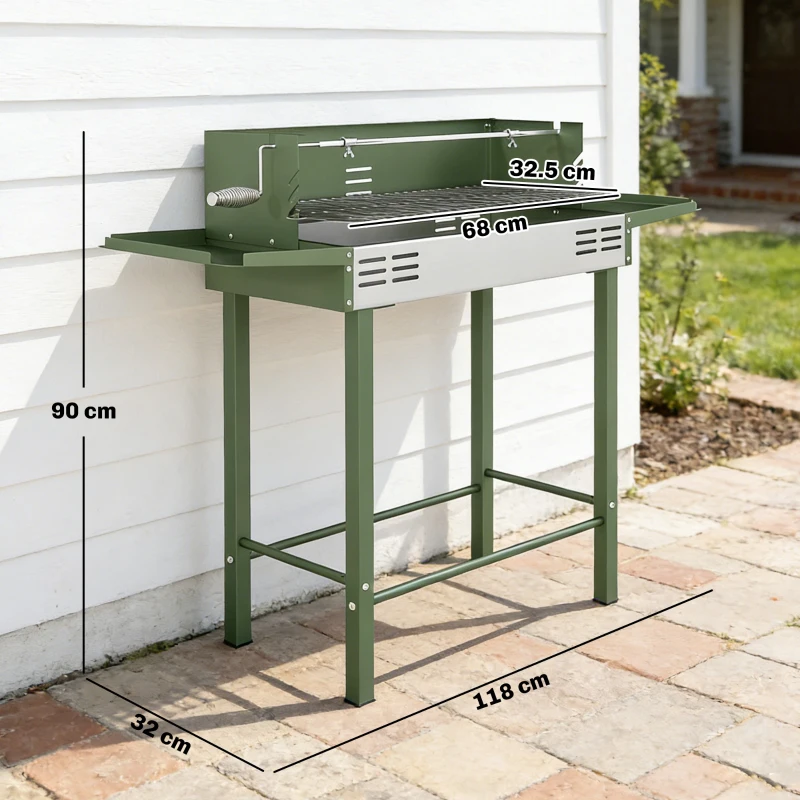 Outsunny BBQ Rotisserie Grill Roaster Charcoal Spit Roasting Machine for Chicken Turkey with 3-Level Grill Grate, Side Shelves, Dark Green
