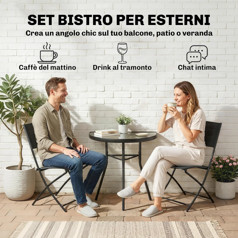 Outsunny Set da Bistrò da 3 Pezzi con 2 Sedie Texteline, Tavolo Semicircolare in Vetro Temperato, Nero