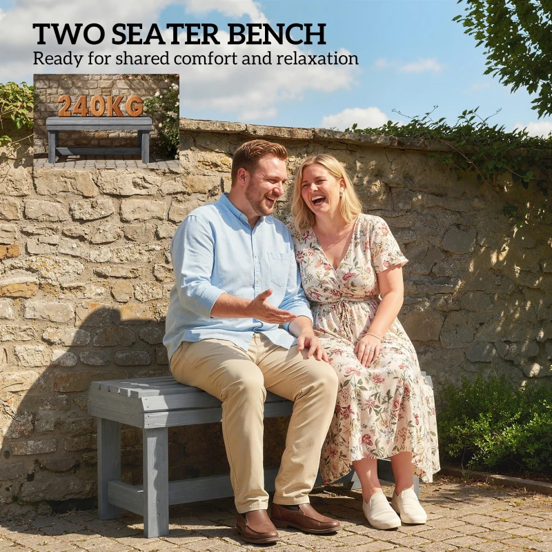 Outsunny Wooden Outdoor Bench, 2 Seater Garden Bench, Backless Patio Bench with Slatted Curved Seat, Grey Embossed Finish