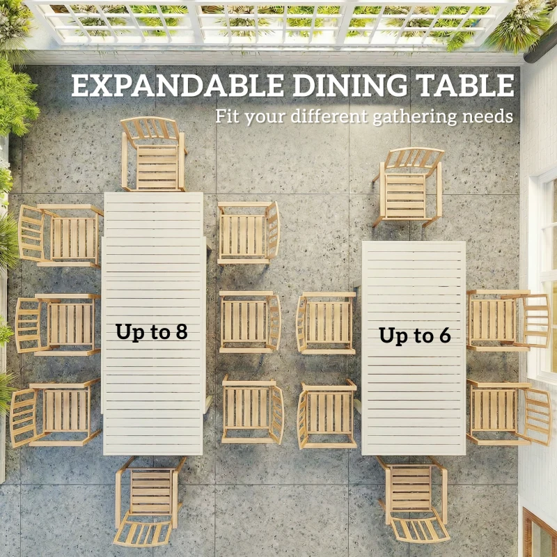 Outsunny Masă de Grădină Extensibilă pentru 6-8 Persoane, din Aluminiu cu Blat cu Lamele, Alb