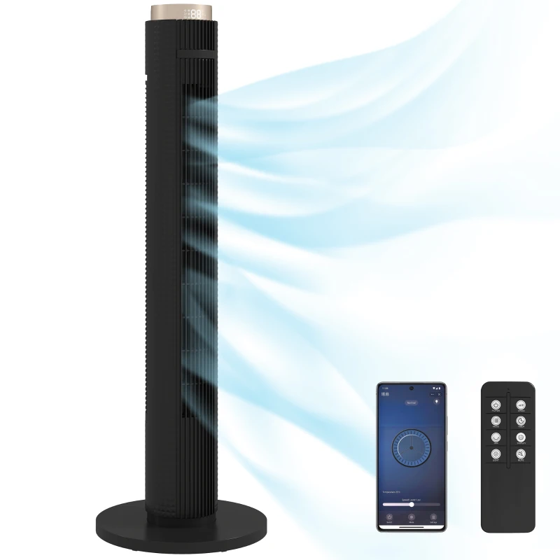 HOMCOM Tower Fan with WiFi App Control, Standing Floor Fan with 3 Speed 4 Modes, 12 Hour Timer and Night Light Black