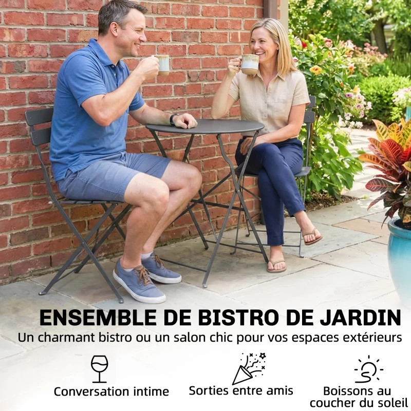 Outsunny Ensemble Bistrot de Jardin 3 Pièces Table et 2 Chaises Pliantes à Lattes Double Protection Antirouille Noir