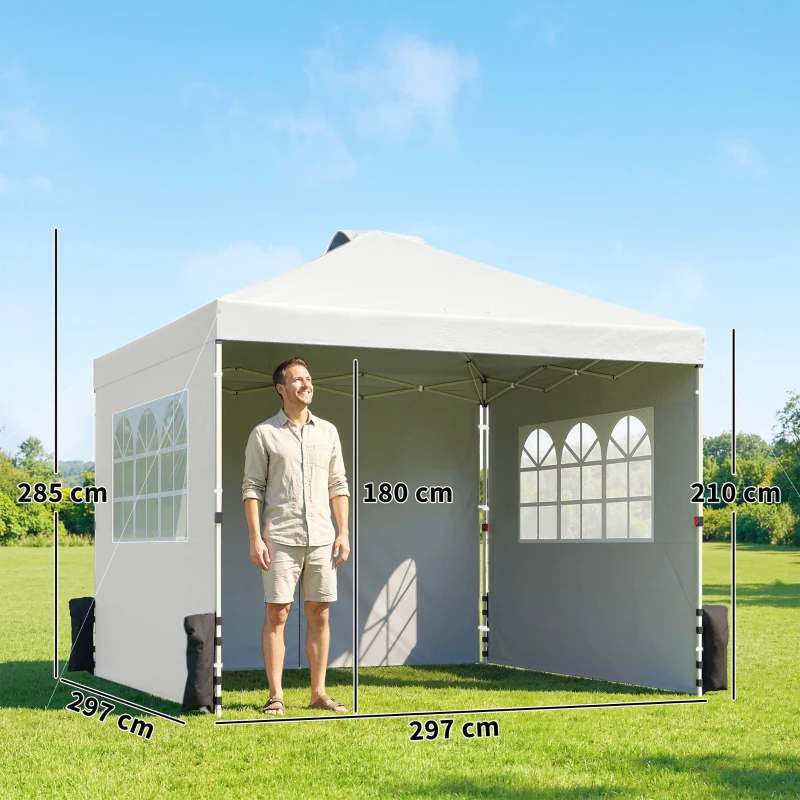 Outsunny Pop Up Gazebo Waterproof Height Adjustable Canopy with 3 Sidewalls Wheeled Bag for Parties 3 x 3 m White