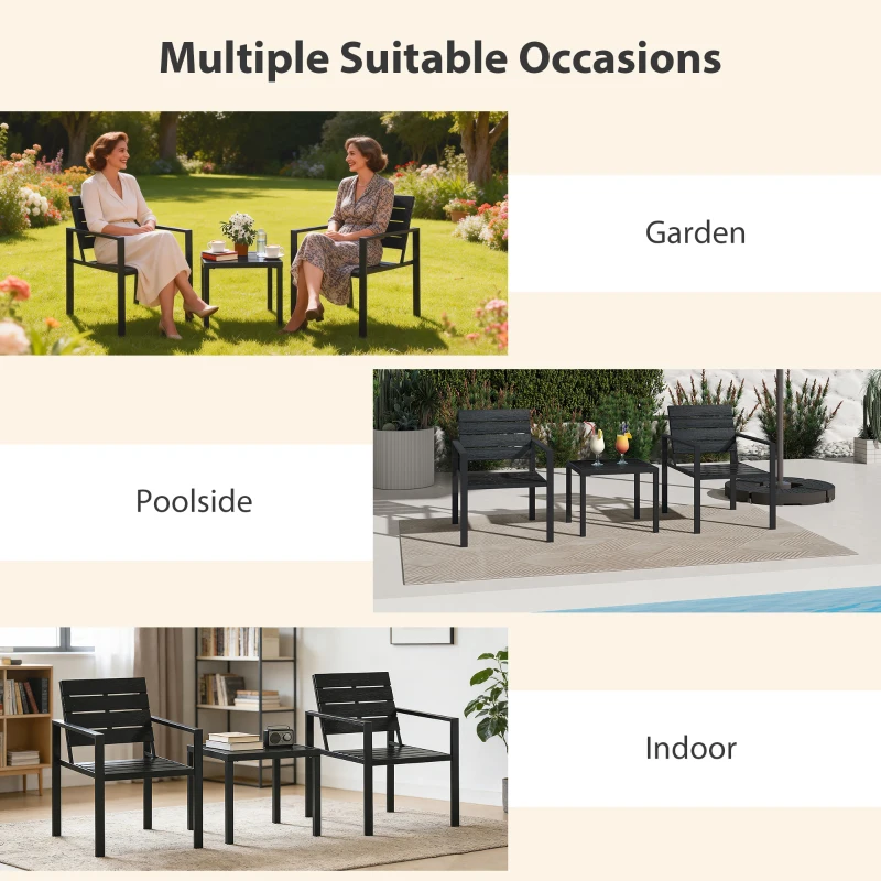 Outsunny 3 Pieces Garden Bistro Set for 2, Outdoor Bistro Table and Chairs with Metal Frame, Plastic Patio Furniture Set