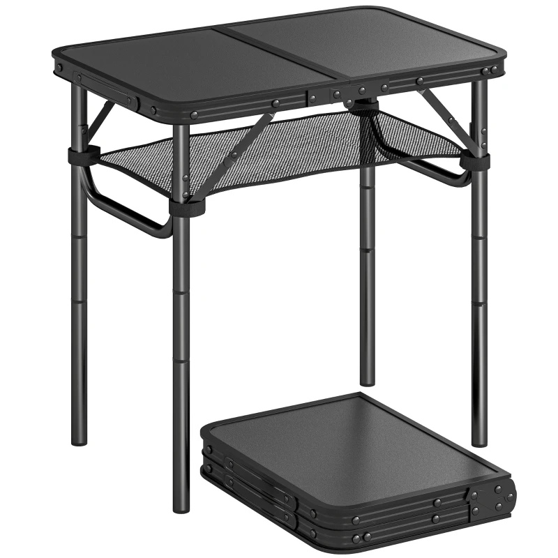Outsunny 2ft Folding Camping Table, Picnic Table with Mesh Storage Layer, 4 Adjustable Heights and Carrying Handle, Black