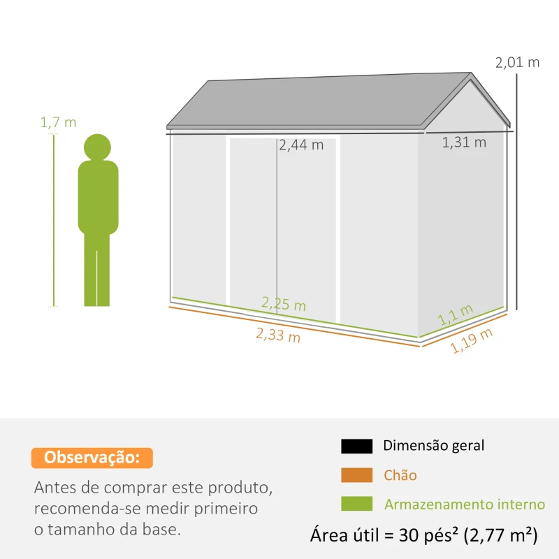 Outsunny Abrigo de Jardim Exterior 2,77 m² 244x131x201 cm com Base, Portas com Fecho, Janelas e Ventilação, Cinzento Escuro