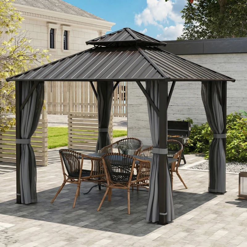 Outsunny 3 x 3(m) Hardtop Gazebo Canopy with Metal Roof, Waterproof Permanent Pavilion Garden Gazebo with Netting, Curtains, Grey