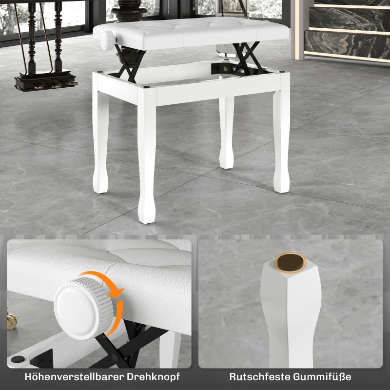 HOMCOM Pianokruk Verstelbaar in Hoogte, Pianobank met Kunstleren Kussen voor Piano Keyboard 64 x 35 x 45-55 cm Wit